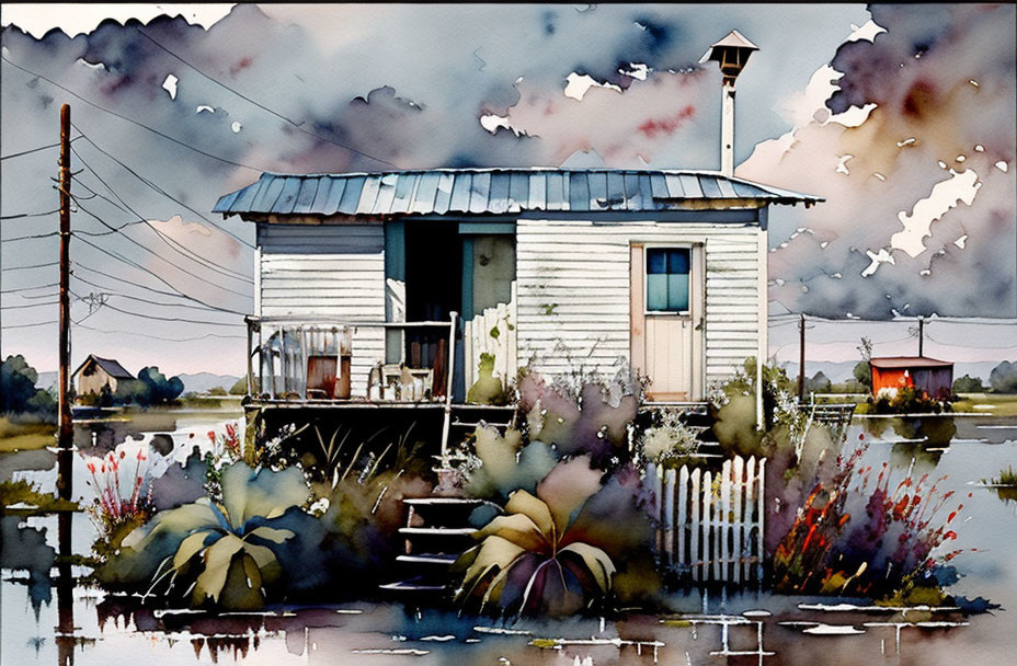 Scenic watercolor painting of stilt house by water with lush vegetation