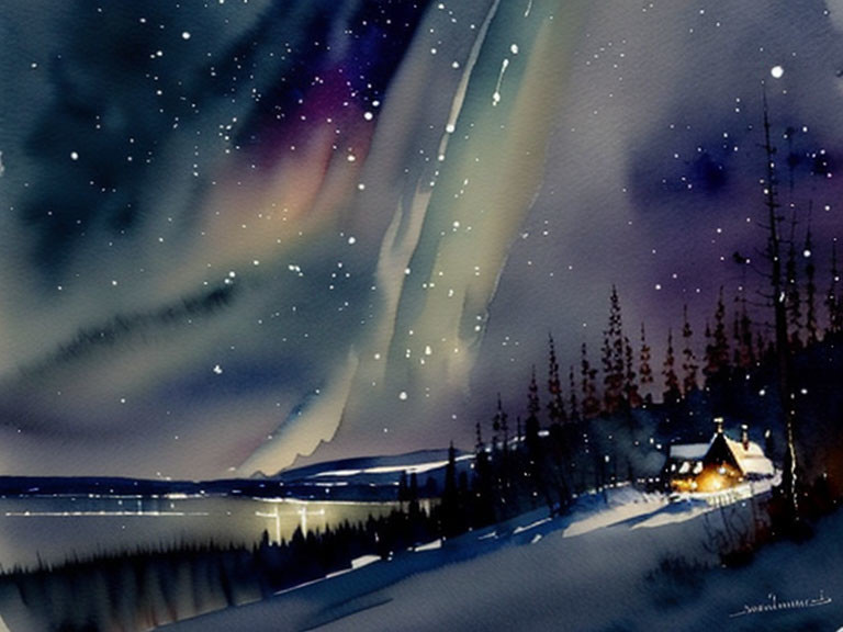 Watercolor painting: Cozy cabin by lake under aurora borealis