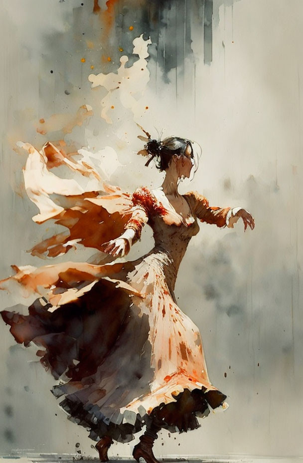 Woman dancing in flowing warm-toned dress against colorful watercolor-like background