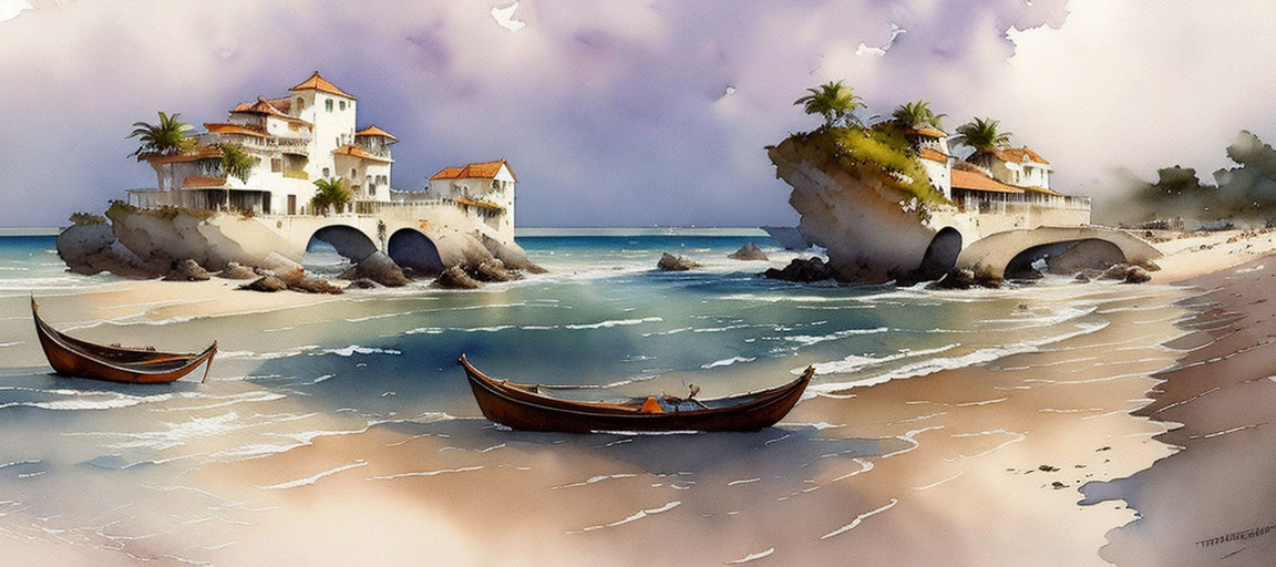 Ancient domed buildings on rocky islets with arched bridges in beachscape