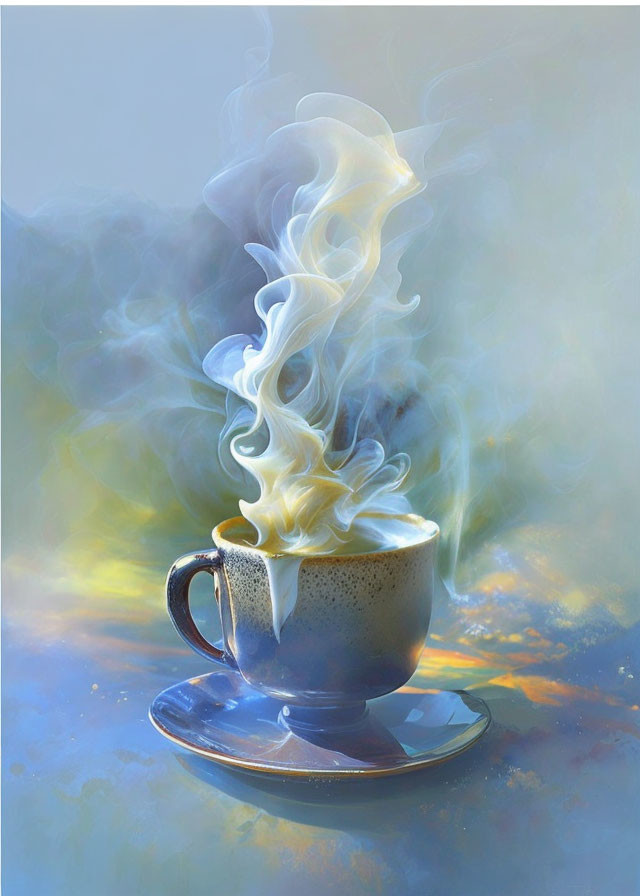 Steaming beverage in ceramic cup on saucer against blue background