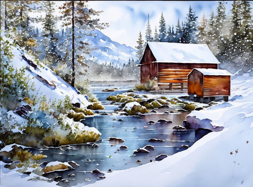 Snowy Landscape Watercolor Painting: Cabin, Stream, Evergreen Trees