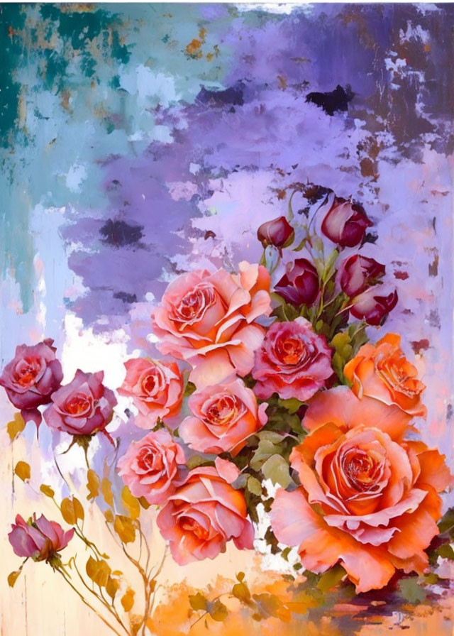 Colorful oil painting of orange and pink roses on textured blue and purple backdrop