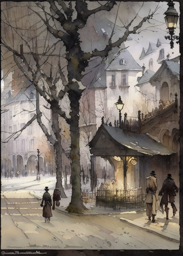 Cozy street scene watercolor painting with pedestrians and historic buildings