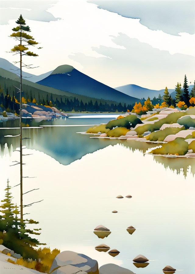 Tranquil mountain lake scene with autumn trees and cloudy sky