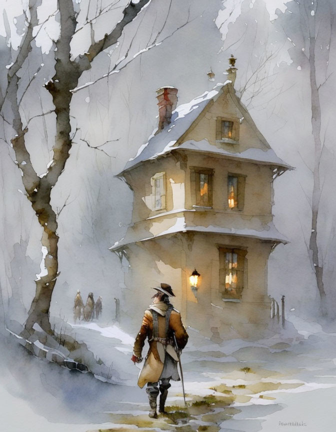 Historical figure in sombre attire approaching Victorian house in snowy landscape