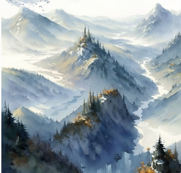 Tranquil watercolor: Misty mountain ranges with autumnal foliage