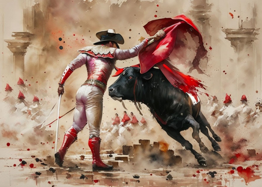 Matador in traditional suit faces charging bull in watercolor backdrop