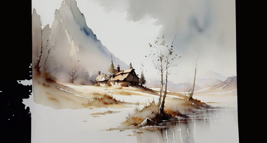 Tranquil watercolor: humble cottage, mountains, water, trees