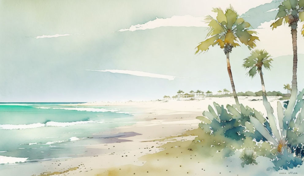 Tranquil watercolor beach scene with palm trees and clear sky