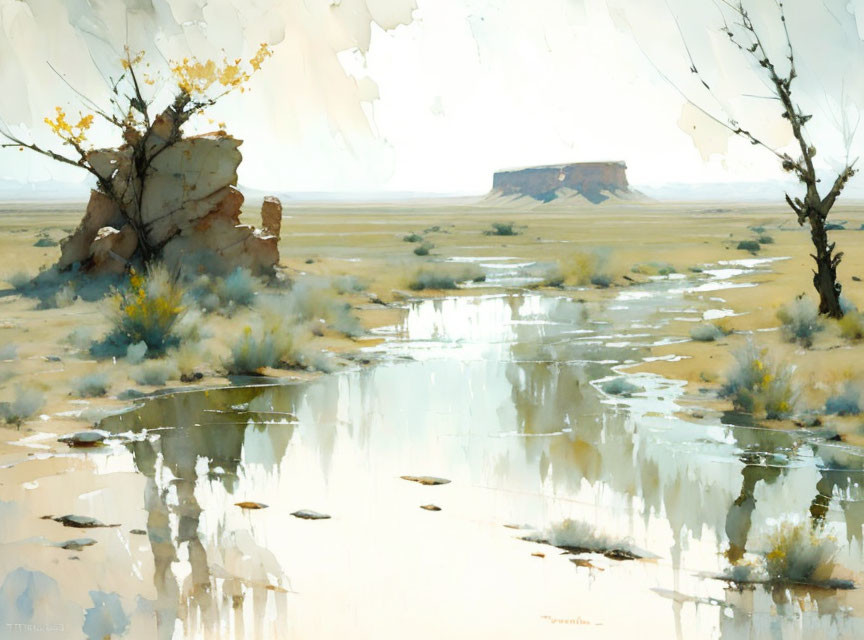 Tranquil watercolor landscape of wetland with trees and mesa