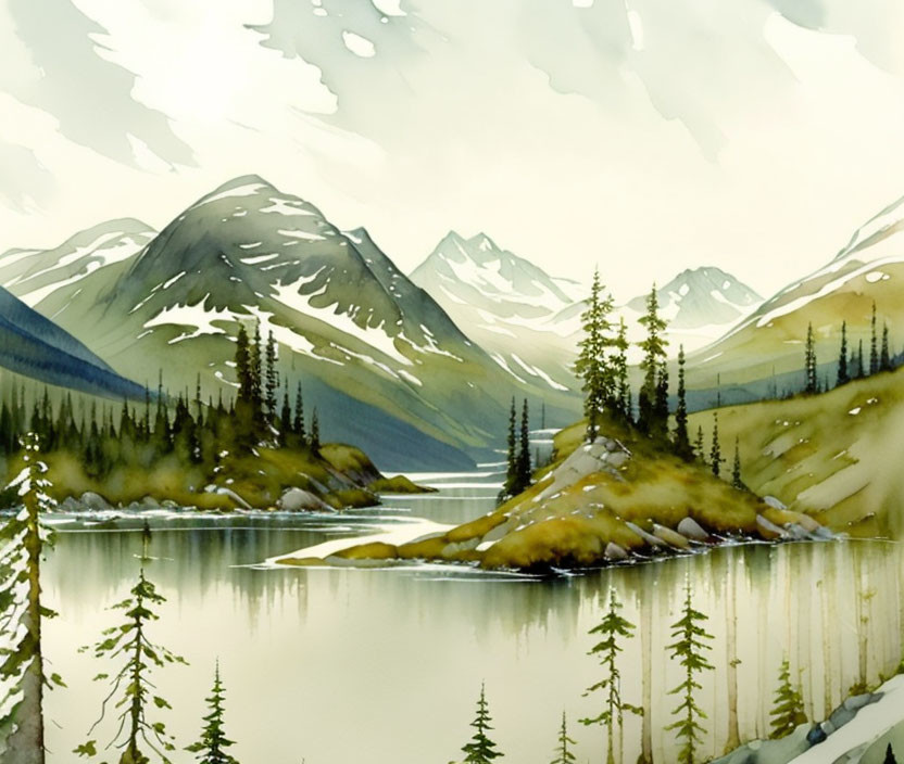 Tranquil landscape painting with snow-capped mountains, calm lake, pine trees