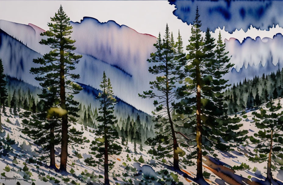 Serene forest watercolor with pine trees and mountains