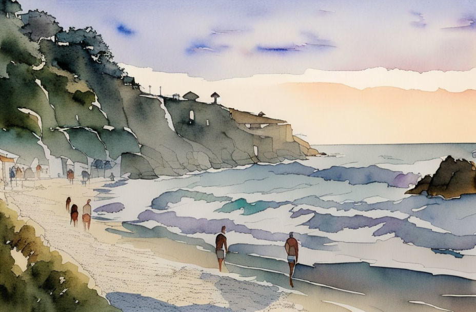 Beach scene with people, waves, cliffs, and houses under pastel sky