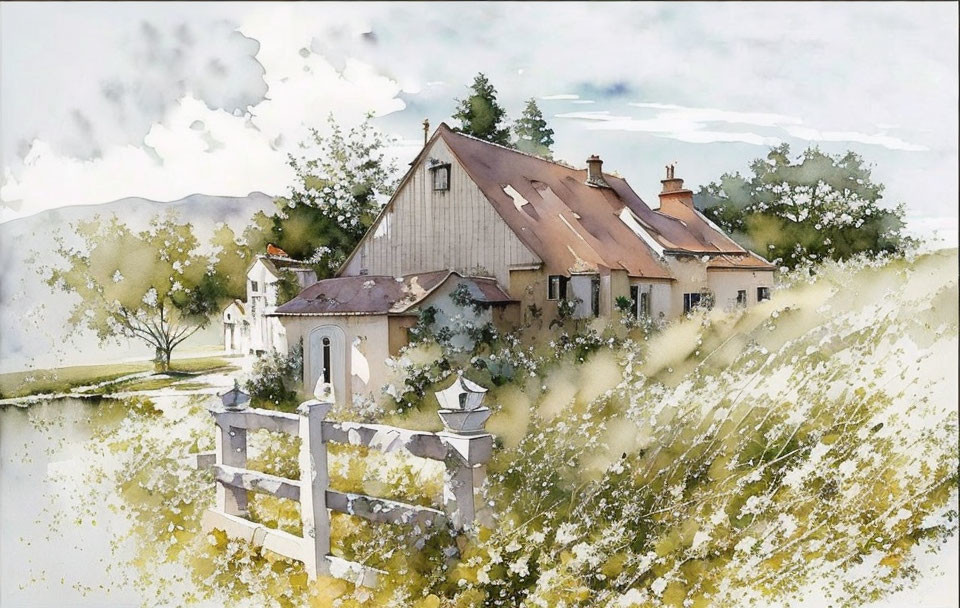 Rustic countryside house with picket fence in watercolor