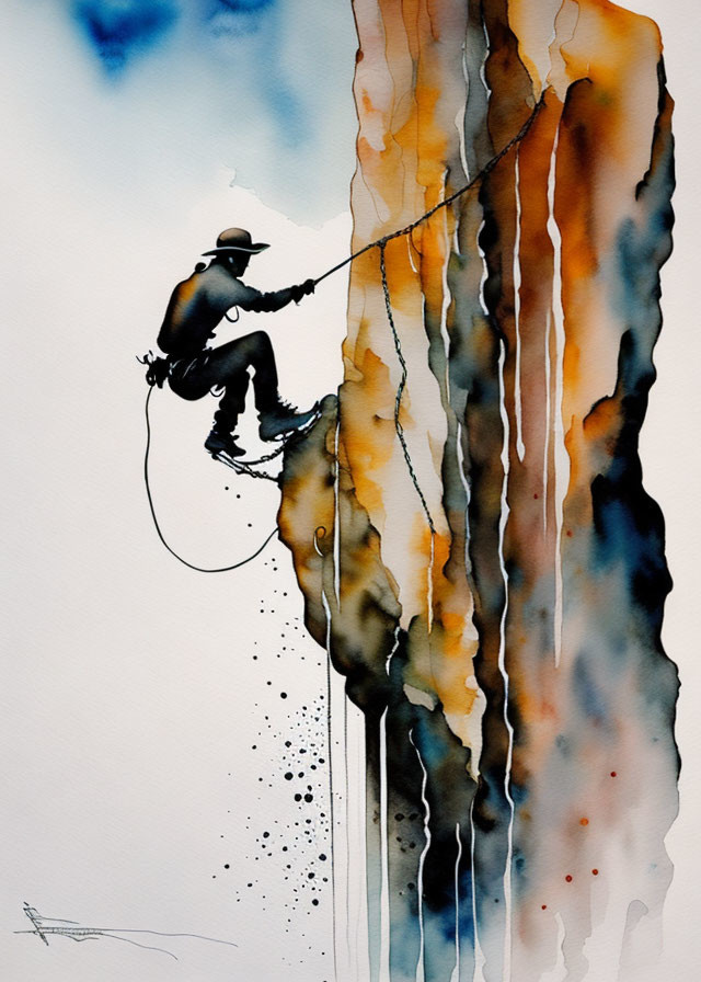 Colorful Abstract Watercolor Cliff Climber Rappelling Illustration