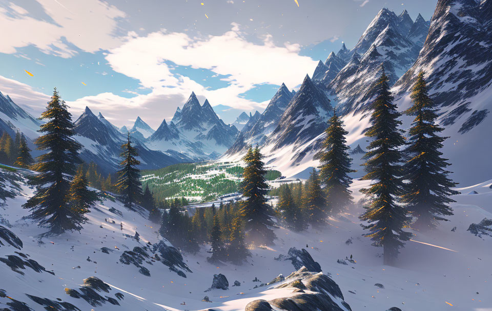 Snowy mountain landscape with towering pines under clear blue sky