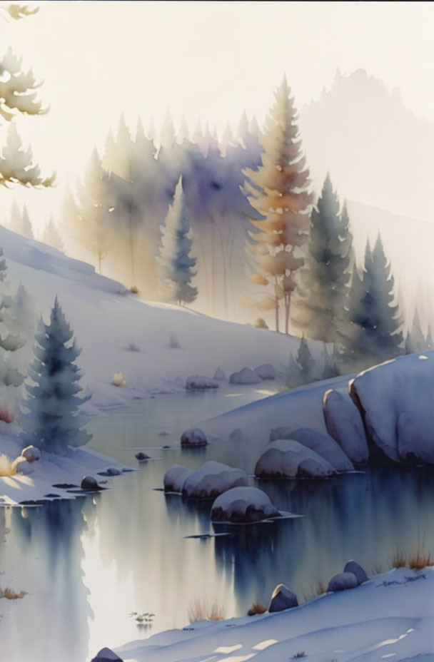 Winter Watercolor Painting of Snow-Covered Trees by a River