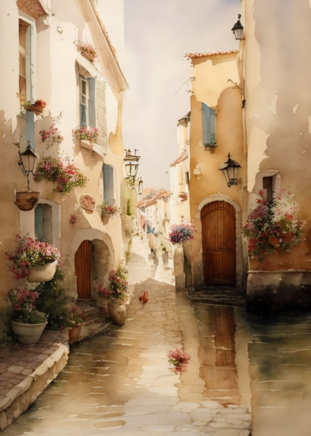 European Town Watercolor: Quaint Street with Flowers & Dogs