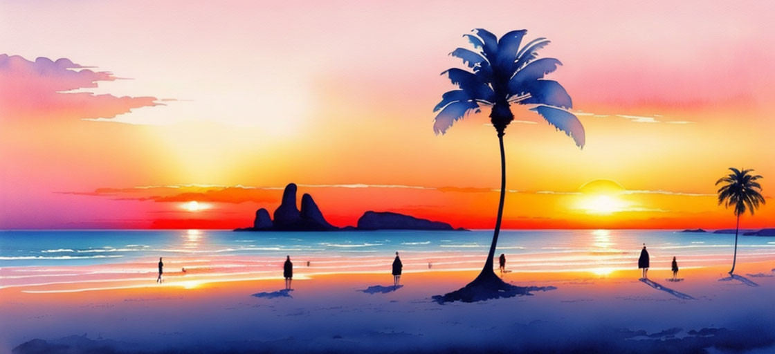 Tropical beach sunset with palm trees, people, and cliffs in vibrant colors