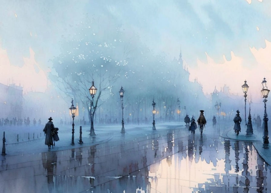 People in misty, lamp-lit street watercolor painting, blue and purple hues.