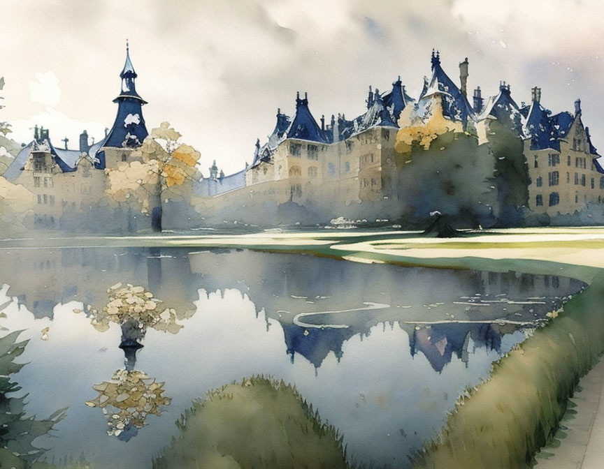 Stately chateau with towers reflected in serene lake surrounded by lush trees