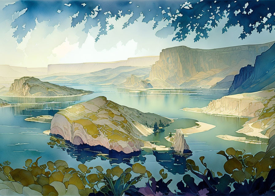 Tranquil lake scene with cliffs, hills, and greenery