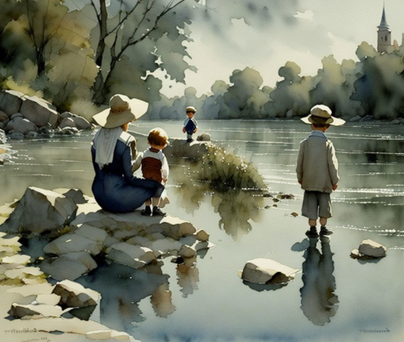 Tranquil river scene with children and sunlit landscape