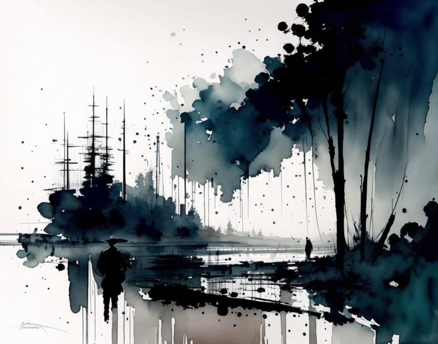 Abstract monochrome watercolor landscape with silhouetted trees and reflections on water