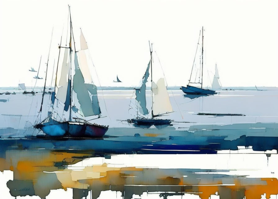 Sailboats in Blue and White Watercolor Painting