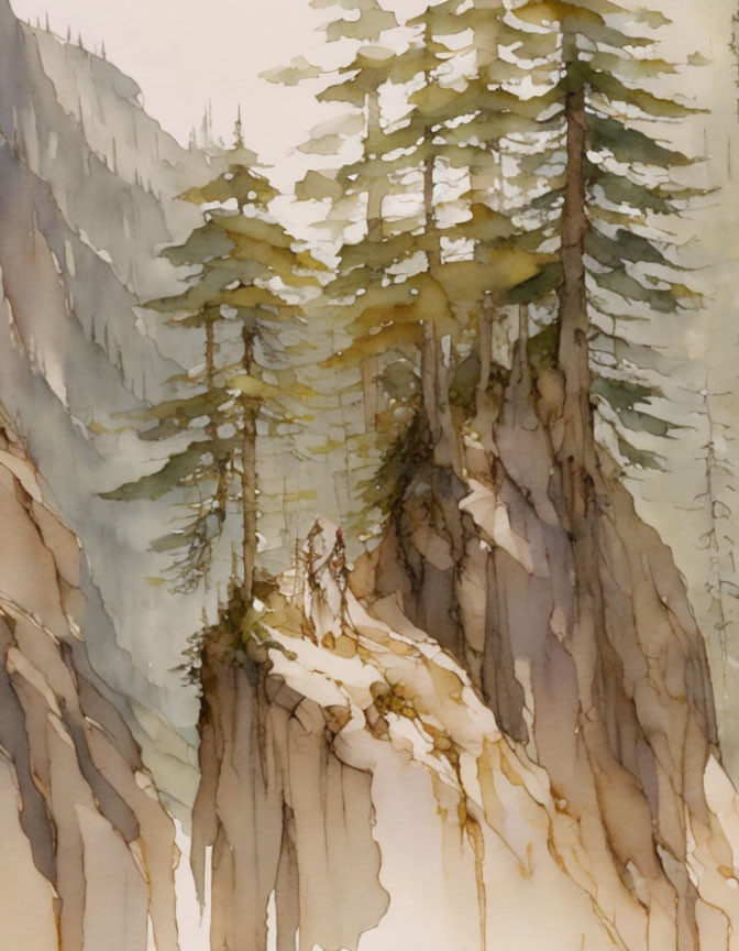 Misty Mountain Landscape with Evergreen Trees in Warm Watercolor