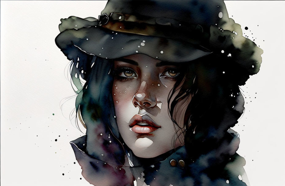 Woman in hat watercolor painting with shadowed face and moody ink splashes