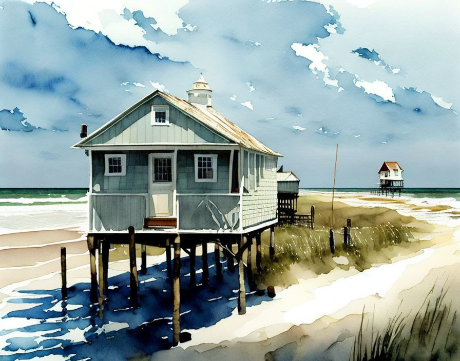 Watercolor painting of stilted beach house under clear blue sky