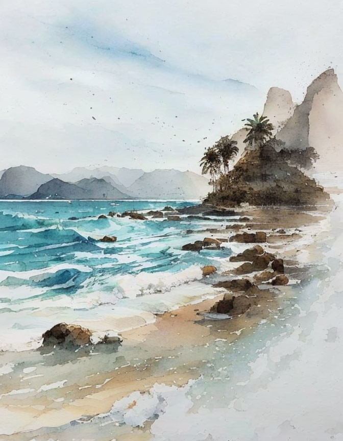 Tranquil beach scene with rocks, palm trees, and mountains in soft watercolors