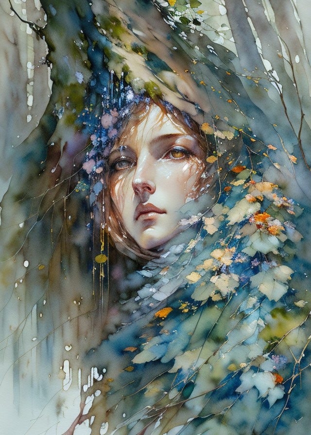 Woman's face with blue and white flower veil in watercolor