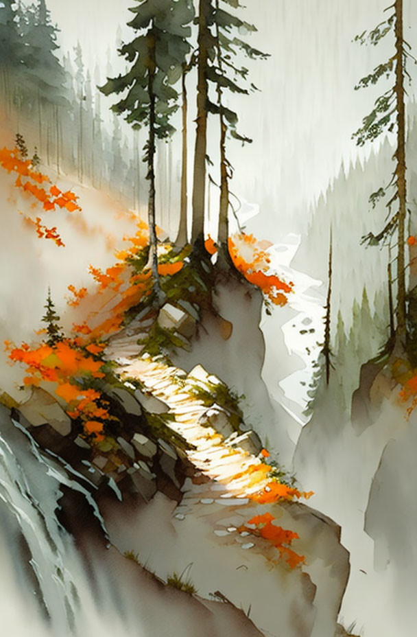 Vibrant forest watercolor with cliff-side path and misty orange foliage