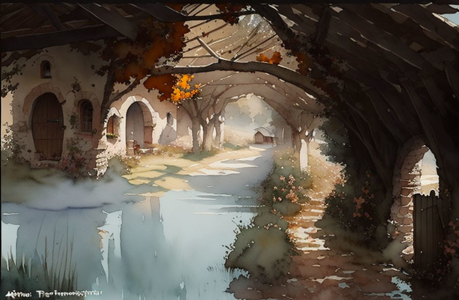 Serene Watercolor Painting of Village Path and Stone Bridge