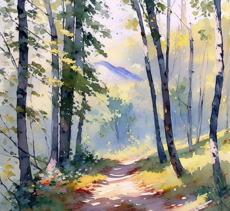 Serene forest path with birch trees and mountain in misty watercolor art