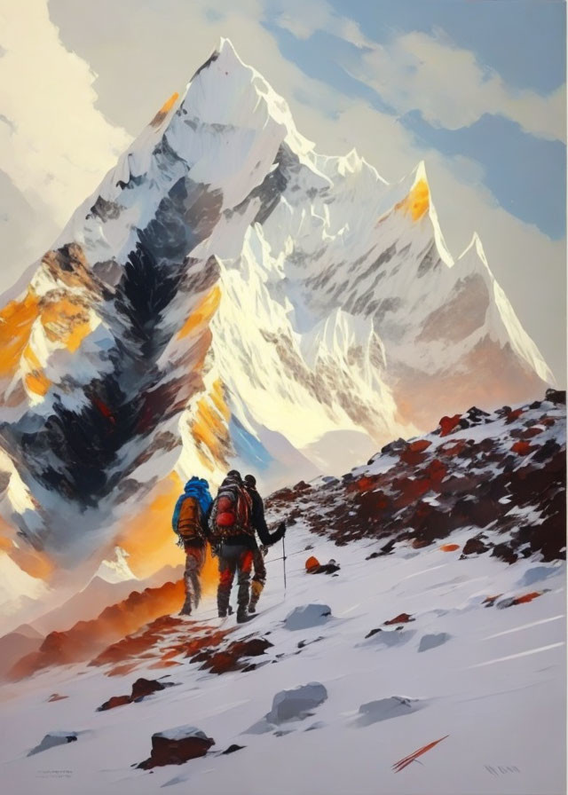 Snowy mountain slope with climbers and sunlit peaks