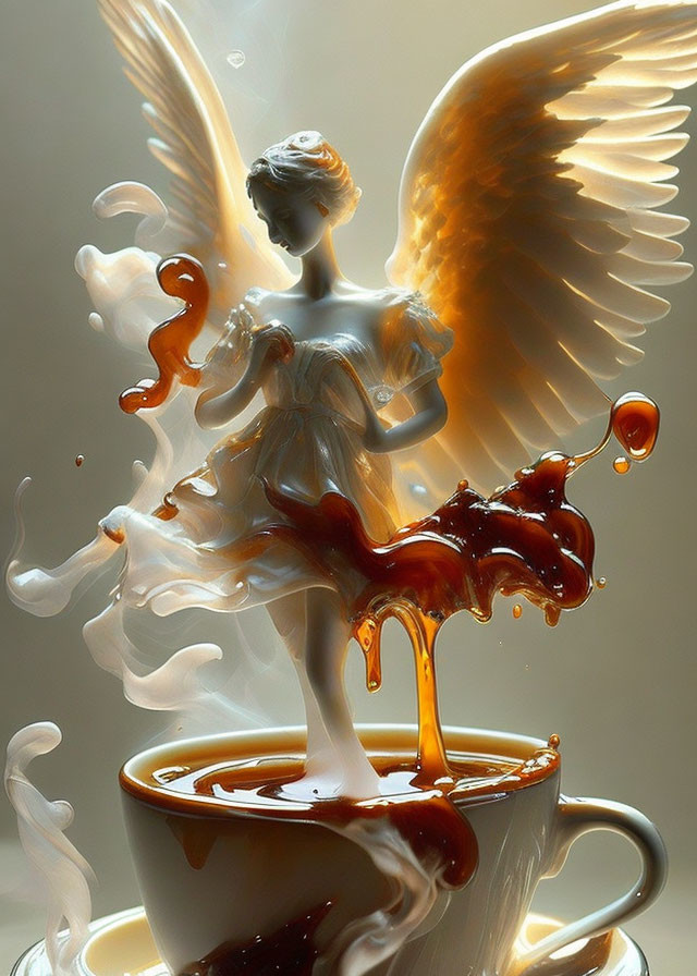 Angel figurine rising from coffee cup with unfurled wings and coffee splashes.