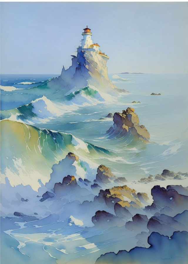 Scenic watercolor: white lighthouse on cliff with crashing waves