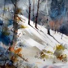 Snowy forest watercolor painting: serene winter scene with trees, slope, and rocks