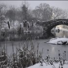 Serene watercolor painting: stone bridge, calm river, cherry blossoms