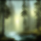 Tranquil forest scene with misty lake and towering trees