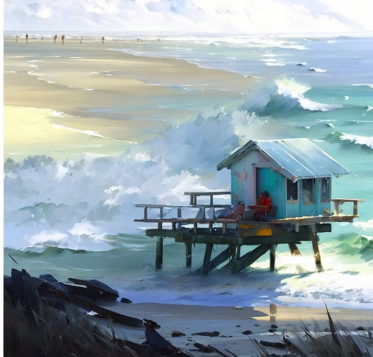 Scenic beach painting with rustic shack, turbulent waves, and distant figures