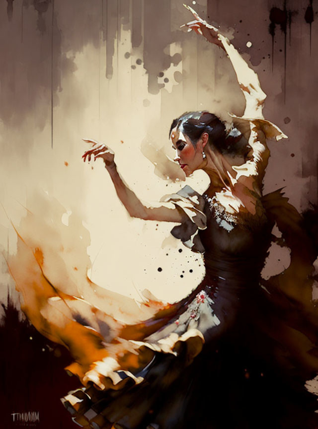 Dynamic dancer in black dress with abstract paint splatter effects