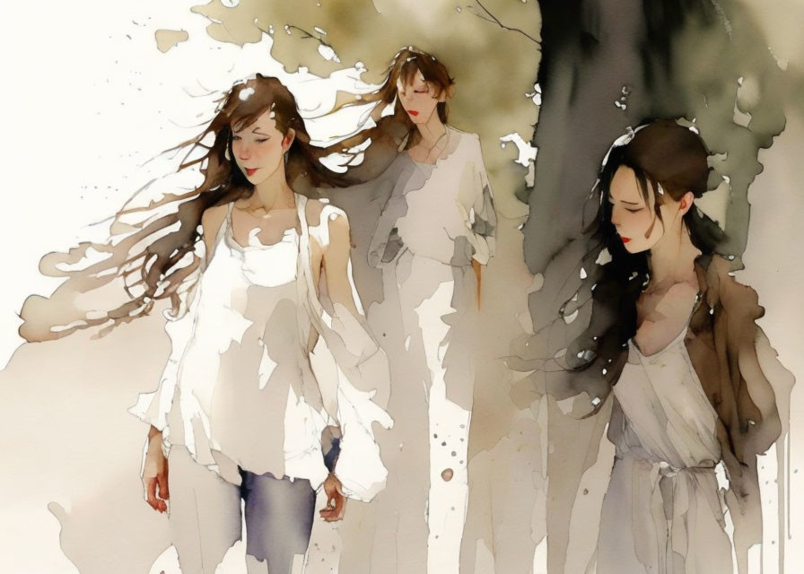 Ethereal women in fluid watercolor style with windswept hair