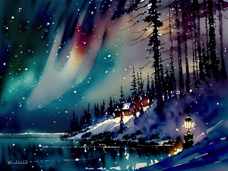 Aurora Borealis Watercolor Painting of Snowy Landscape
