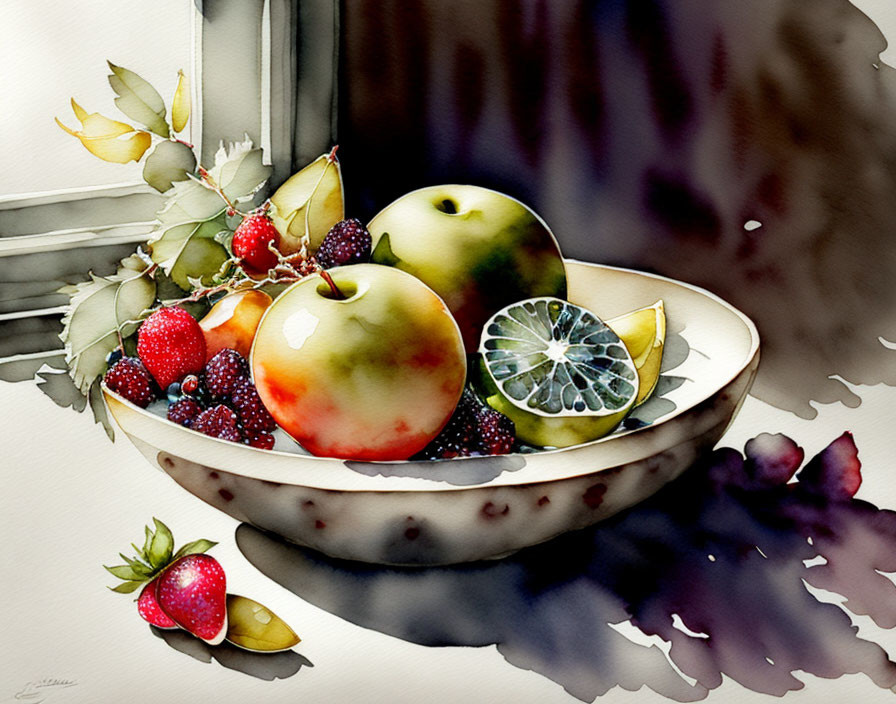 Still life watercolor painting of a bowl with apples, berries, lemon slice