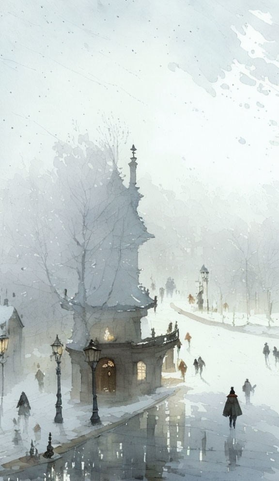 Snowy street scene with people walking, pavilion, bare trees, and glowing street lamps